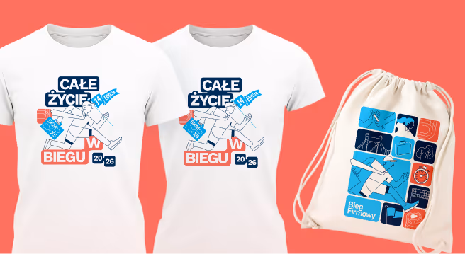 Two white T-shirts and a drawstring bag with blurred colorful graphic designs on a coral background.