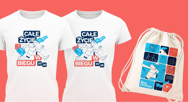 Two white T-shirts and a drawstring bag with blurred colorful graphic designs on a coral background.