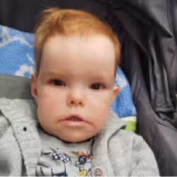 Close-up of a young child with light skin and reddish hair wearing a grey sweater.