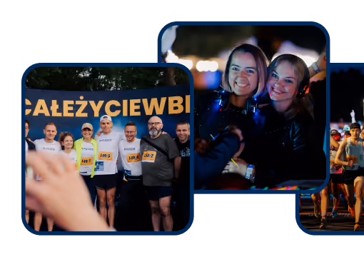Group of runners posing for a photo before a race and two women smiling wearing headphones at a night event.