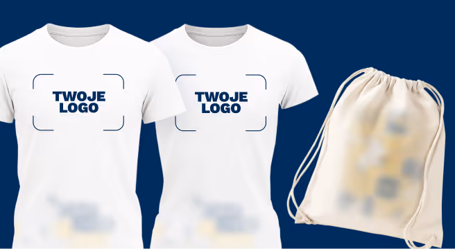 Two white T-shirts with placeholder text 'TWOJE LOGO' and a beige drawstring bag against a navy blue background.