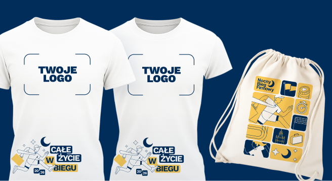 Two white T-shirts with placeholder text 'TWOJE LOGO' and a beige drawstring bag against a navy blue background.
