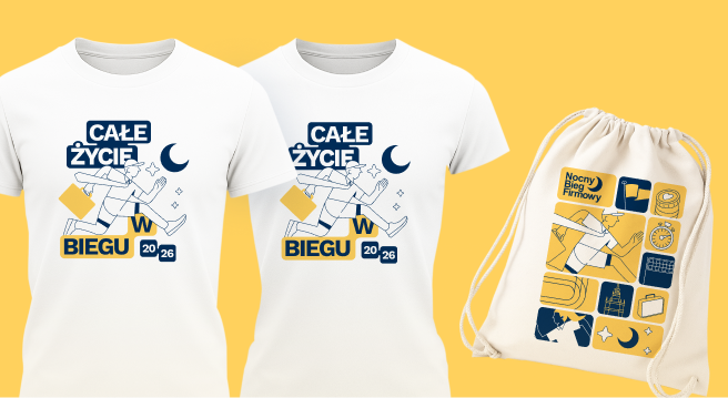 Two white T-shirts and a beige drawstring bag with colorful abstract designs on a yellow background.