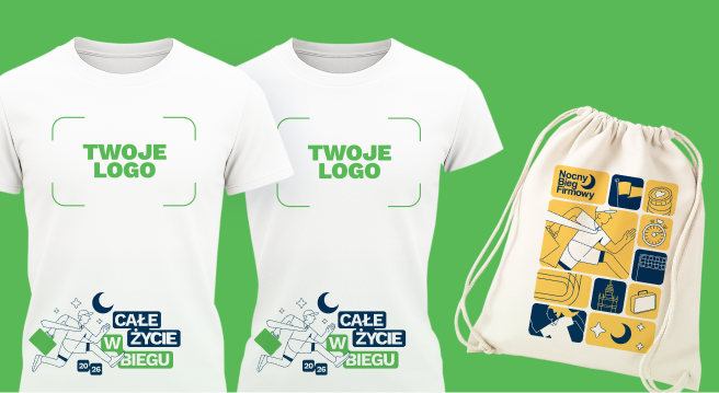Two white T-shirts side by side, each with green text 'TWOJE LOGO' centered, and a beige drawstring bag with a blurred design on a green background.