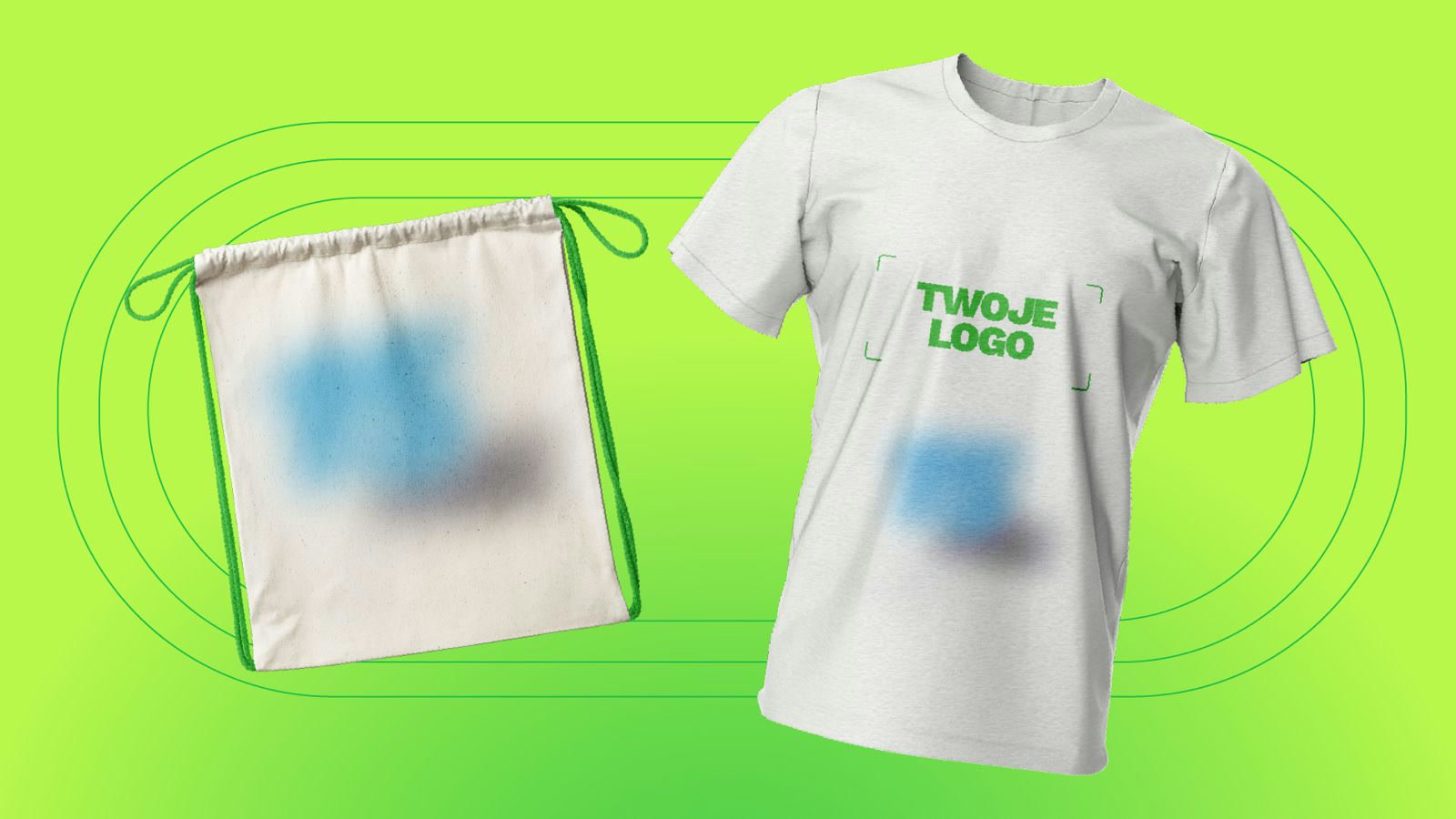 Dwie białe koszulki z recyklingu z miejscem na logo firmy i worek z rozmytym motywem – pakiet Green Run
