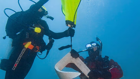Man in duikpak is boven water met zijn beademingsbit in zijn hand.