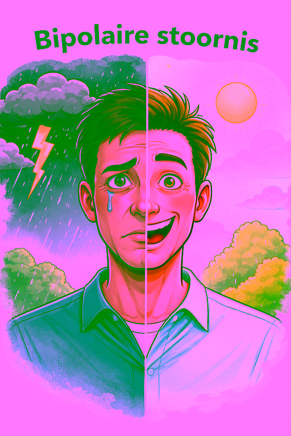 Illustratie van een man met een in tweeën gedeeld gezicht onder de titel bipolaire stoornis. De linkerhelft toont een sombere stemming met donkere onweerswolken, regen, bliksem en een traan op het gezicht. De rechterhelft toont een opgewekte stemming met zonlicht, blauwe lucht, wolken en een brede lach. De afbeelding verbeeldt de wisseling tussen depressieve en manische of hypomane stemming bij een bipolaire stoornis.
