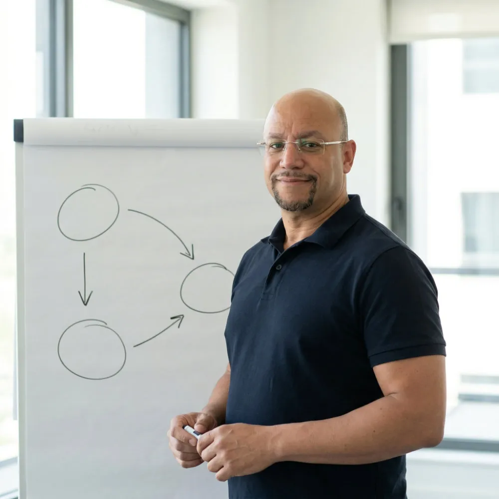 Trainer am Flipchart visualisiert einen Prozessablauf während eines Workshops von Michael Kauß