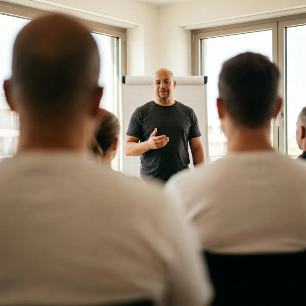 Workshop-Situation: Trainer hält einen Vortrag vor kleiner Gruppe – Format Impulse & Einstieg