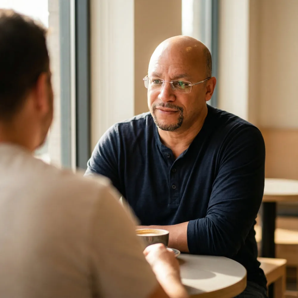 Zwei Gesprächspartner im informellen Coaching-Setting beim Kaffee