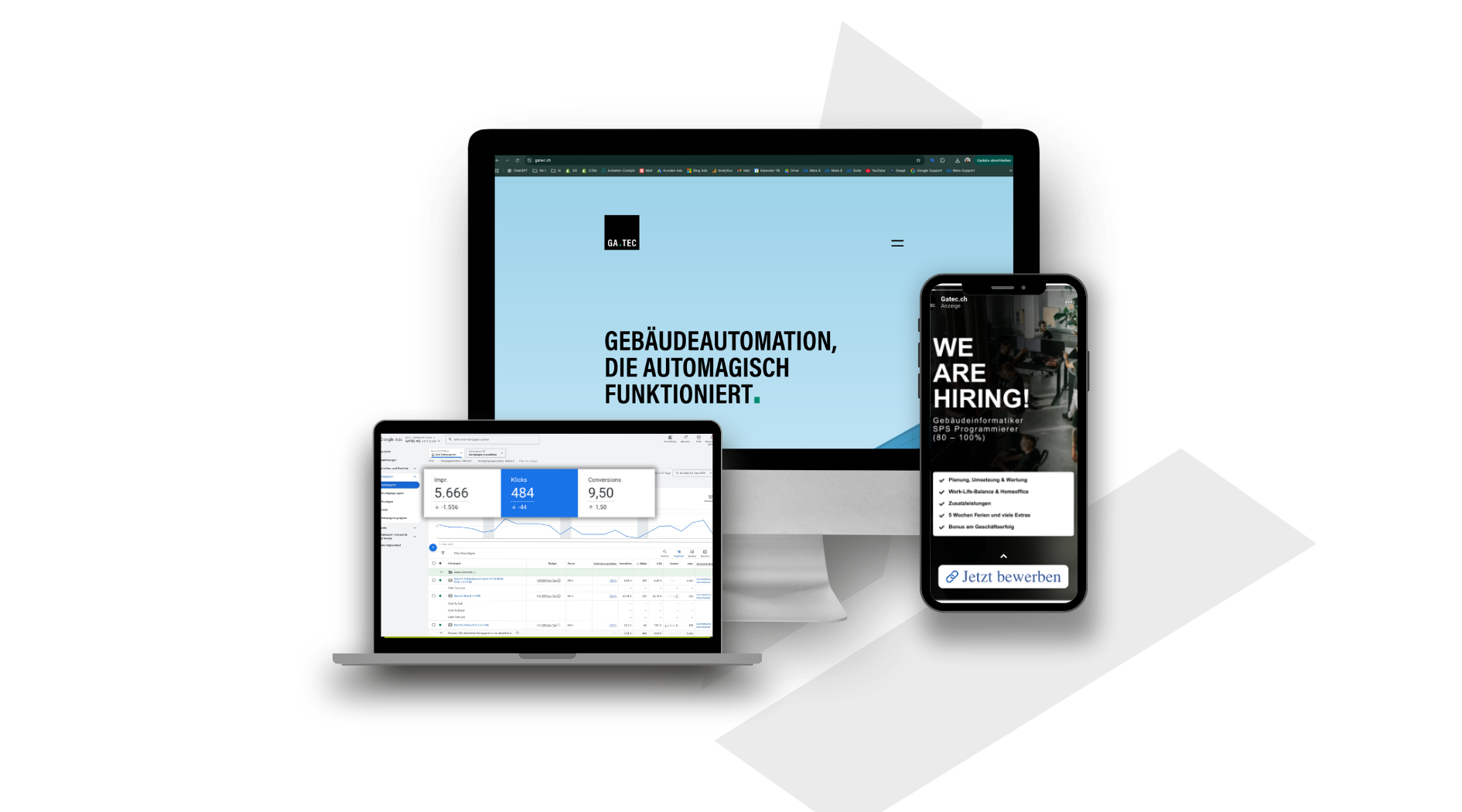 Mockup GA.TEC Website, Social Media und Google Ads - Online Marketing Agentur Südostschweiz & Liechtenstein (Chur, Landquart, Sargans, Buchs, Rheintal, Vaduz)