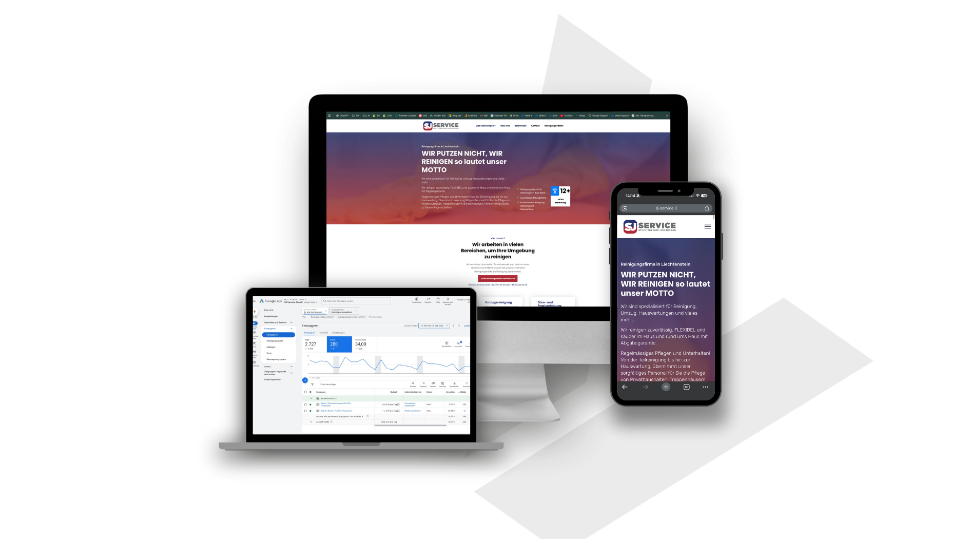 Mockup Website und Google Ads Kampagne von SJ Service - Online Marketing Agentur Südostschweiz & Liechtenstein (Chur, Landquart, Sargans, Buchs, Rheintal, Vaduz)