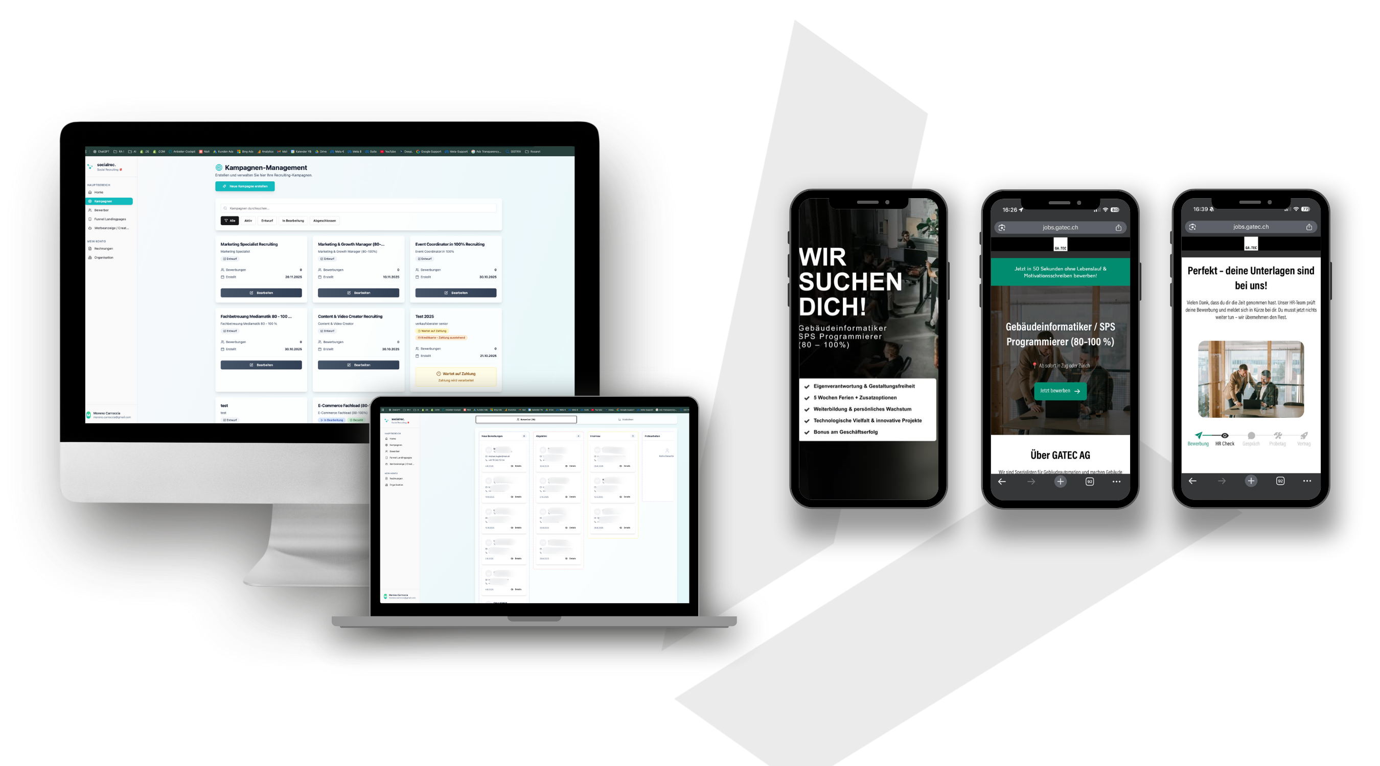 Mockup Social Recruiting Agentur Tool "socialrec" - Online Marketing Agentur Südostschweiz & Liechtenstein (Chur, Landquart, Sargans, Buchs, Rheintal, Vaduz) 