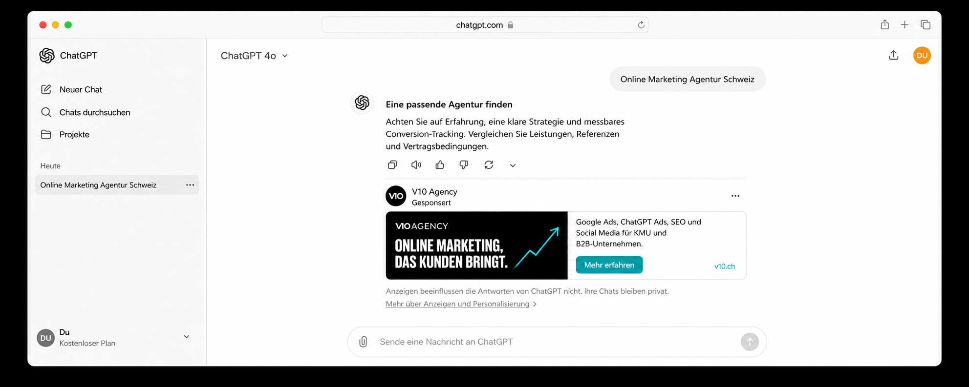 Chat GPT Ads Agentur Südostschweiz, Liechtenstein, Schweiz