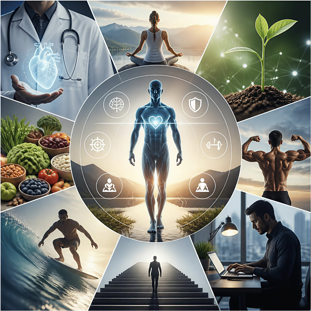 Collage centered on a glowing human figure with health icons around it, surrounded by images representing holistic wellness: a doctor holding a glowing heart, a meditating woman by a lake, a green sprout growing in soil, fresh vegetables and fruits, a muscular man flexing his back muscles, a man surfing a wave, a man walking up stairs toward light, and a man working on a laptop in an office.