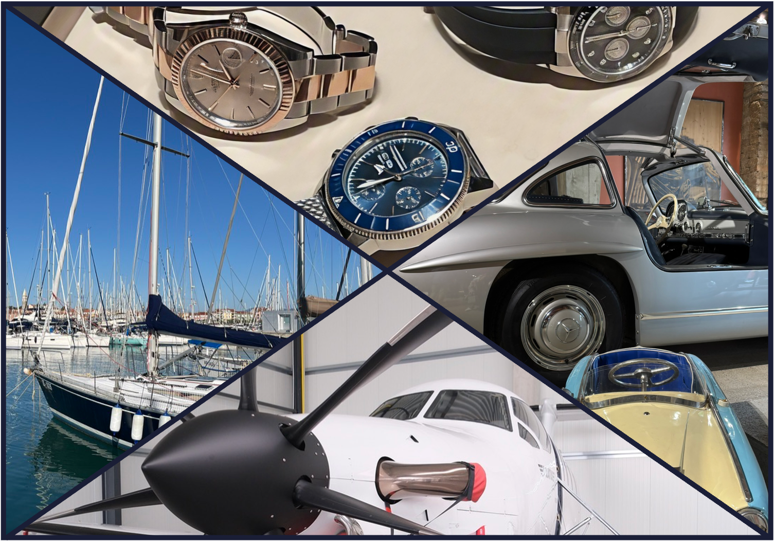 Collage of luxury items and vehicles including close-up of three wristwatches, a classic silver car with open door showing interior, a vintage blue and yellow speedboat, a sailboat docked at marina with masts against clear blue sky, and a white propeller airplane inside a hangar.
