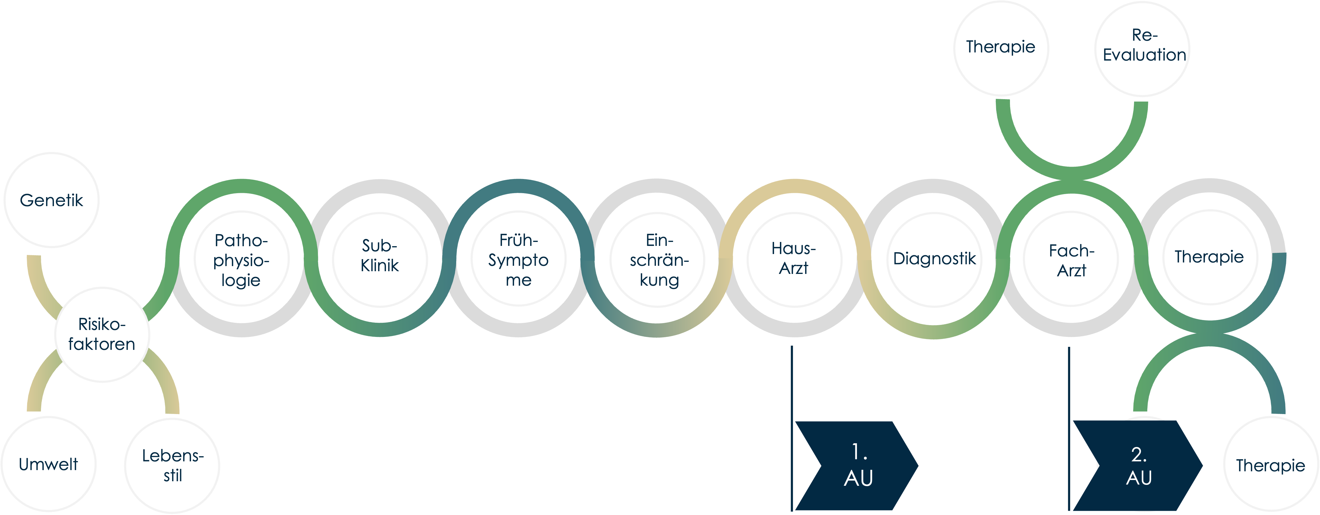 Flowchart showing stages and factors in a medical process starting with genetic and environmental risk factors, progressing through pathophysiology, sub-clinic, early symptoms, functional limitation, general practitioner with first work absence, diagnosis, specialist doctor with therapy and re-evaluation, second work absence, and ending with therapy.