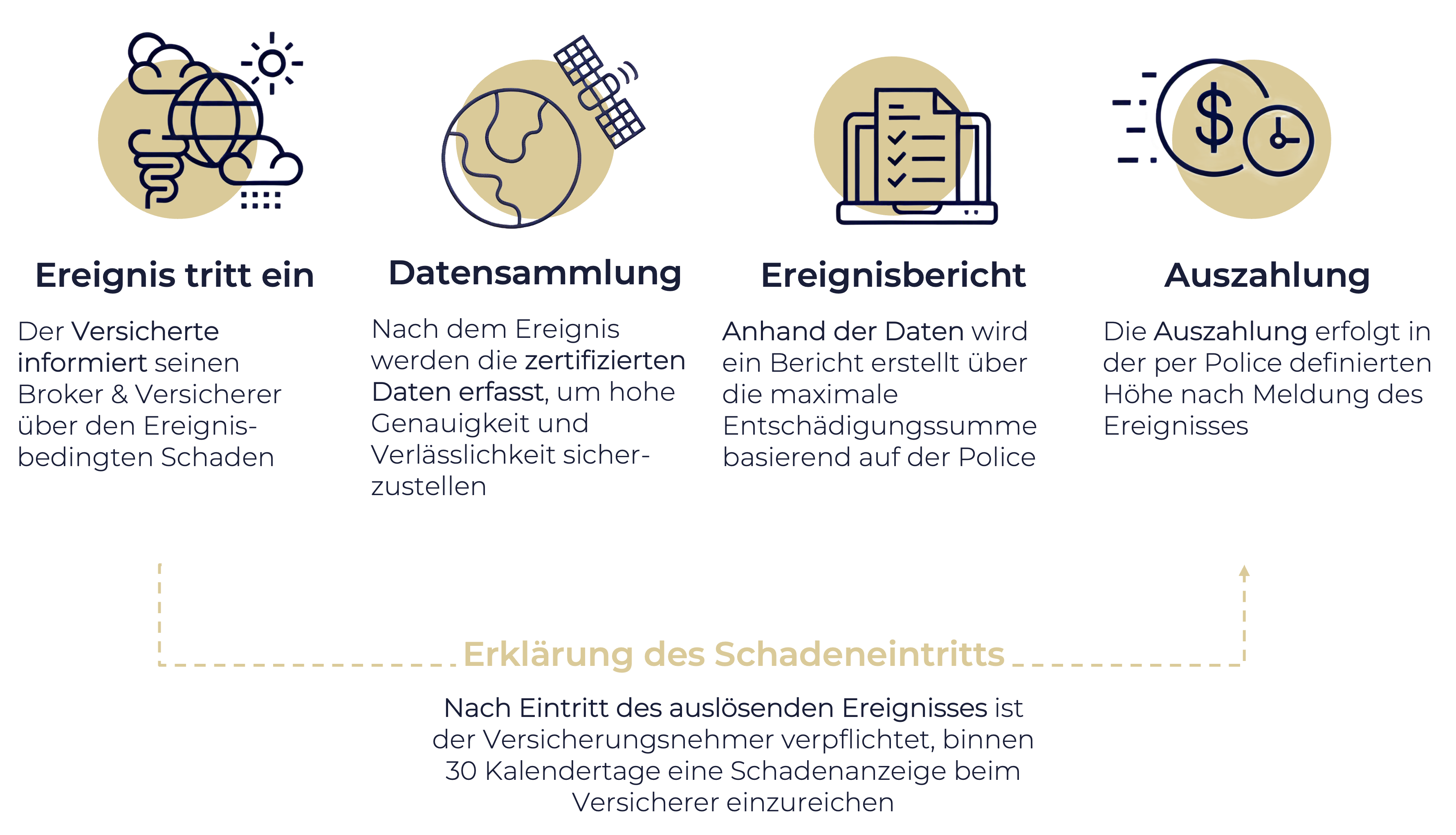 Four-step process diagram explaining insurance claim steps in German: 1. Ereignis tritt ein: Insured informs broker and insurer about event damage. Icon: weather with globe. 2. Datensammlung: Certified data is collected for accuracy and reliability. Icon: Earth with satellite. 3. Ereignisbericht: Report created from data about maximum compensation based on policy. Icon: laptop with checklist. 4. Auszahlung: Payment made at policy-defined amount after event notification. Icon: money with clock. Below steps, explanation states insured must submit claim to insurer within 30 days after event.