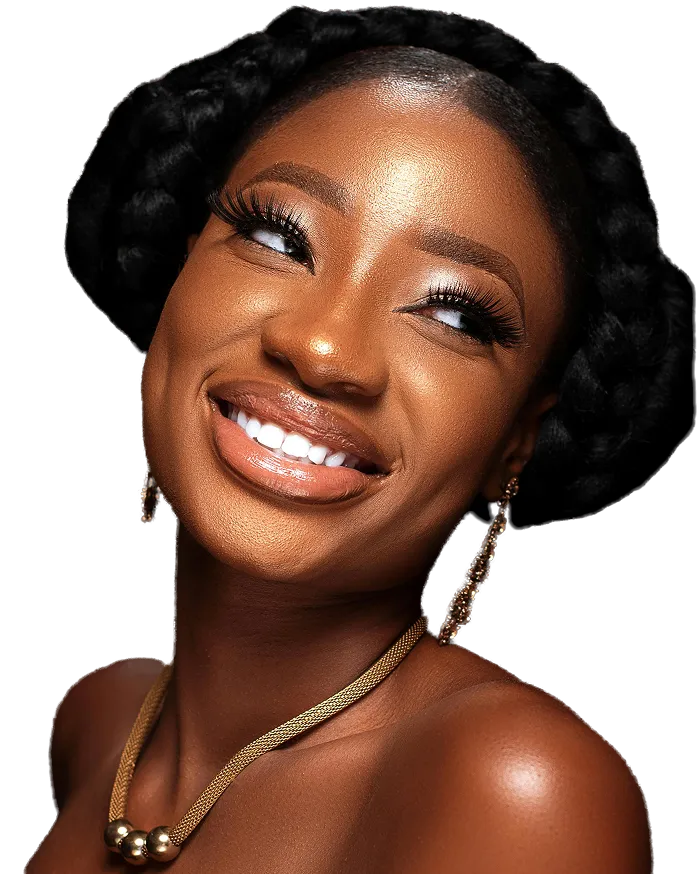 Smiling dark skin woman with natural makeup dark hair and gold jewelry