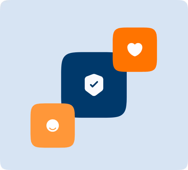 Icônes blanches de cœur, sourire et bouclier avec coche dans des carrés arrondis orange et bleu sur fond bleu clair.