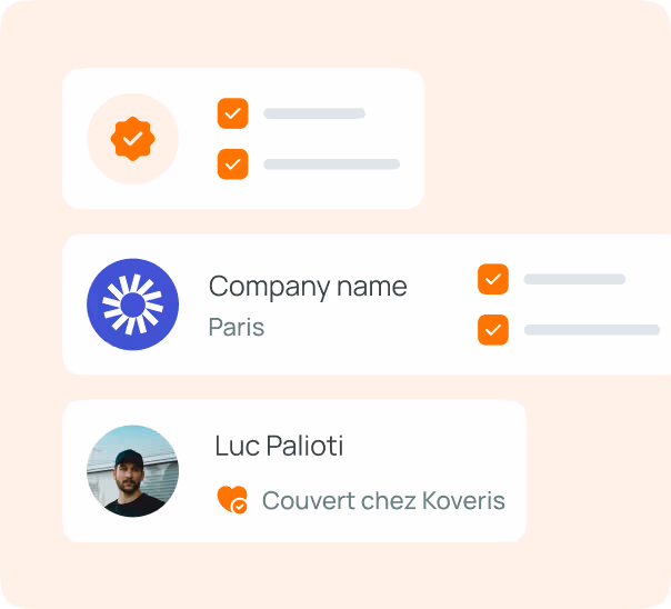 Interface montrant un tableau de bord avec l'icône d'une entreprise à Paris et un profil personnel de Luc Palioti couvert par Koveris.