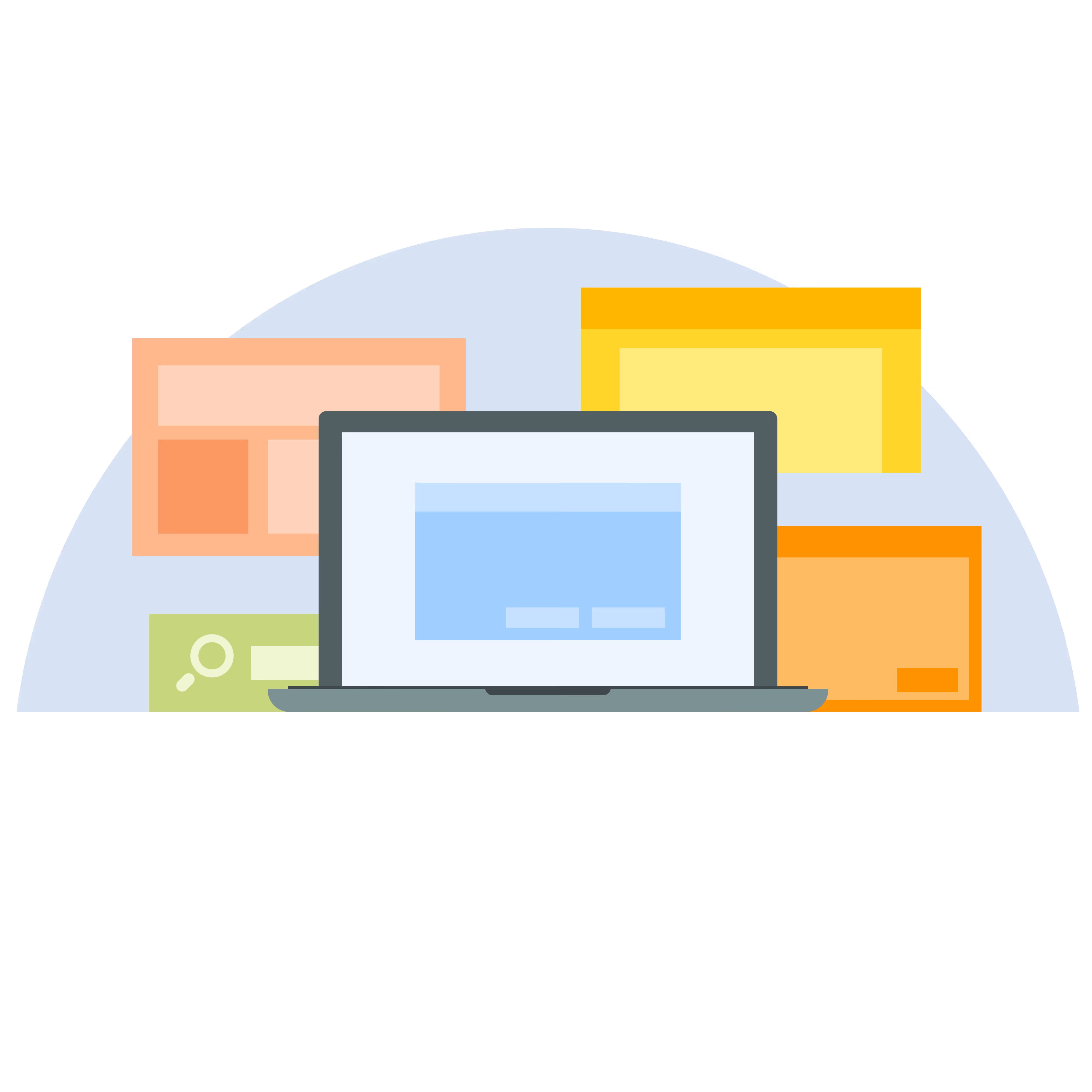 Illustration of an open laptop with abstract colorful window-like shapes behind it.
