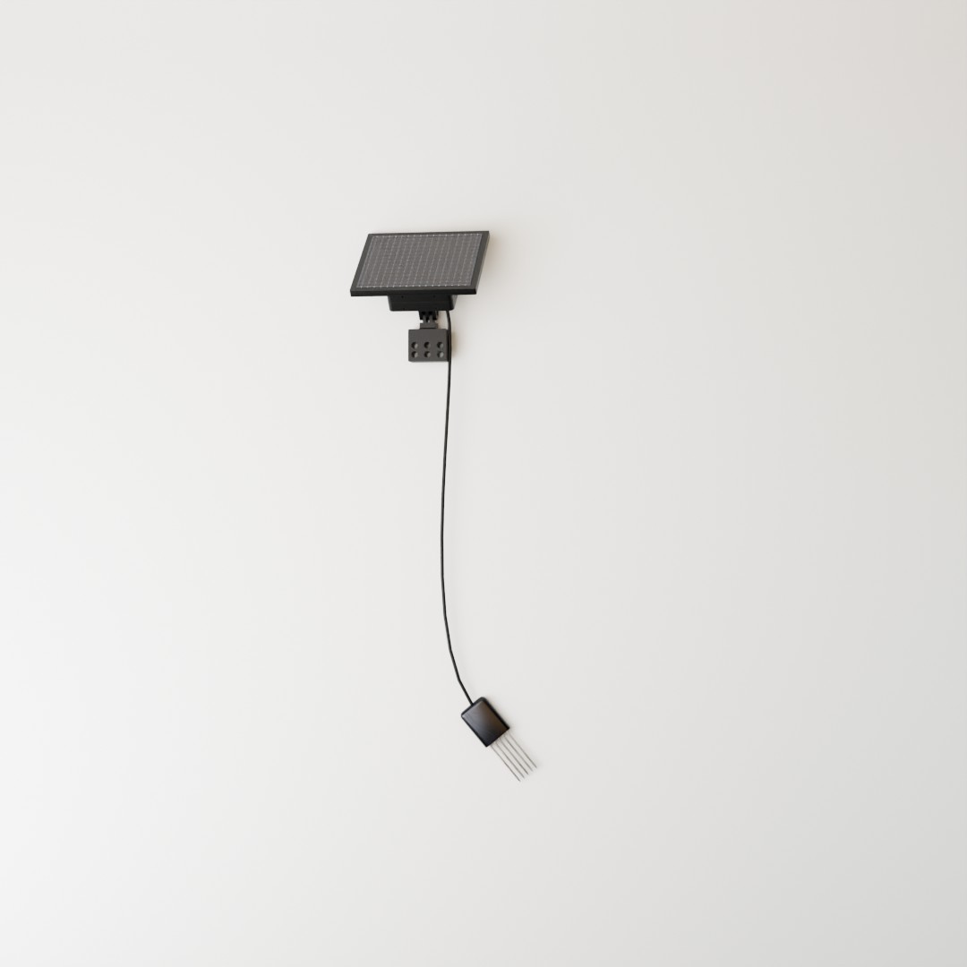Black solar-powered soil sensor with a rectangular solar panel mounted on top and four metal prongs connected by a wire at the bottom.