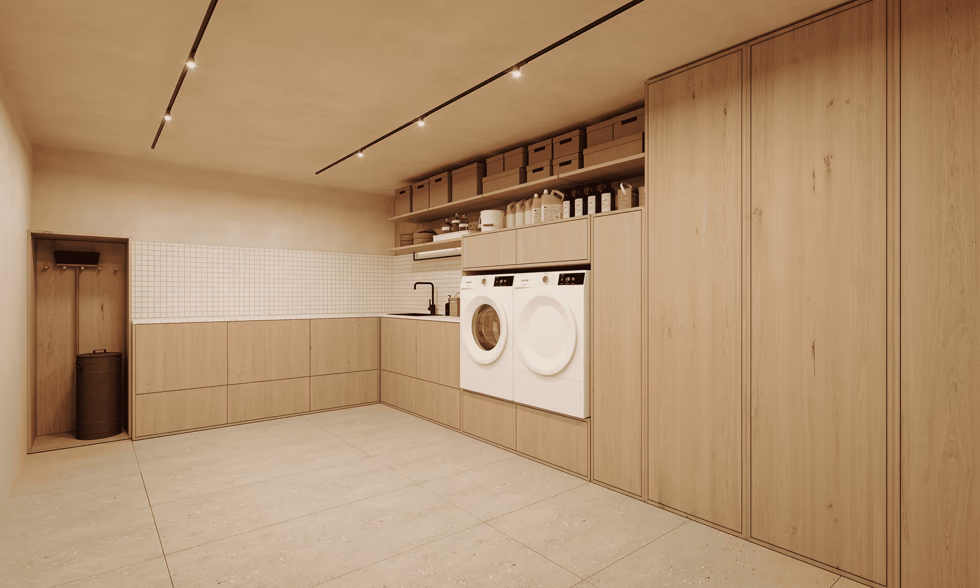 Modern laundry room with light wood cabinets, two white front-loading machines, open shelving with storage boxes, and tiled backsplash.