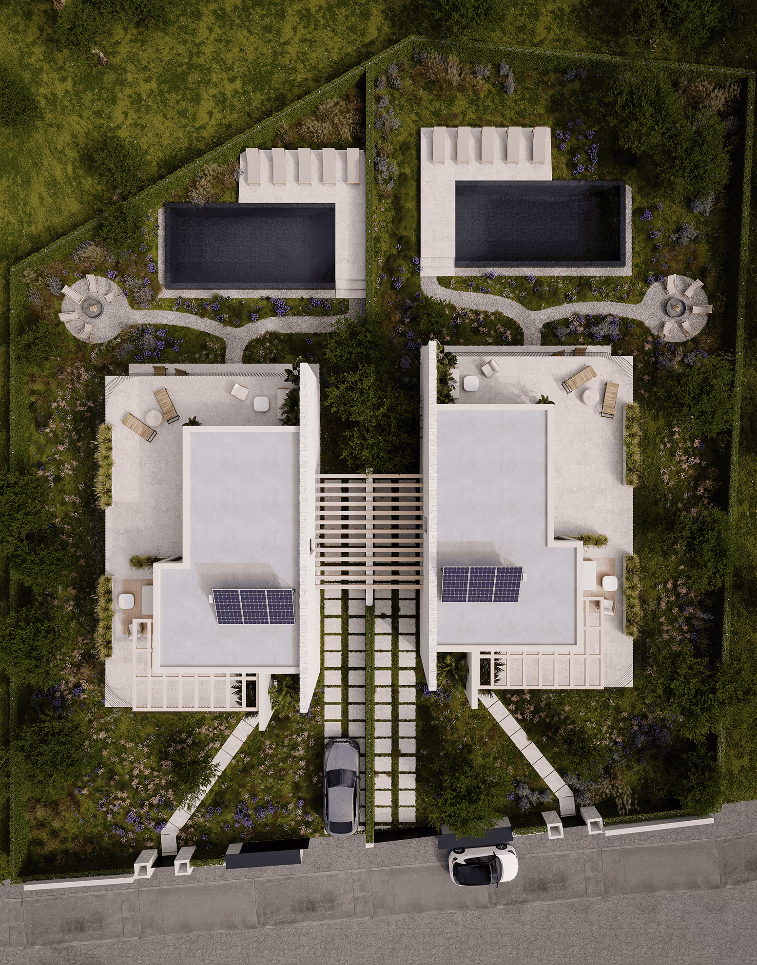 Aerial view of two modern adjacent houses each with a rooftop solar panel, private swimming pool, patio with loungers, garden with pathways, and parked cars in front.