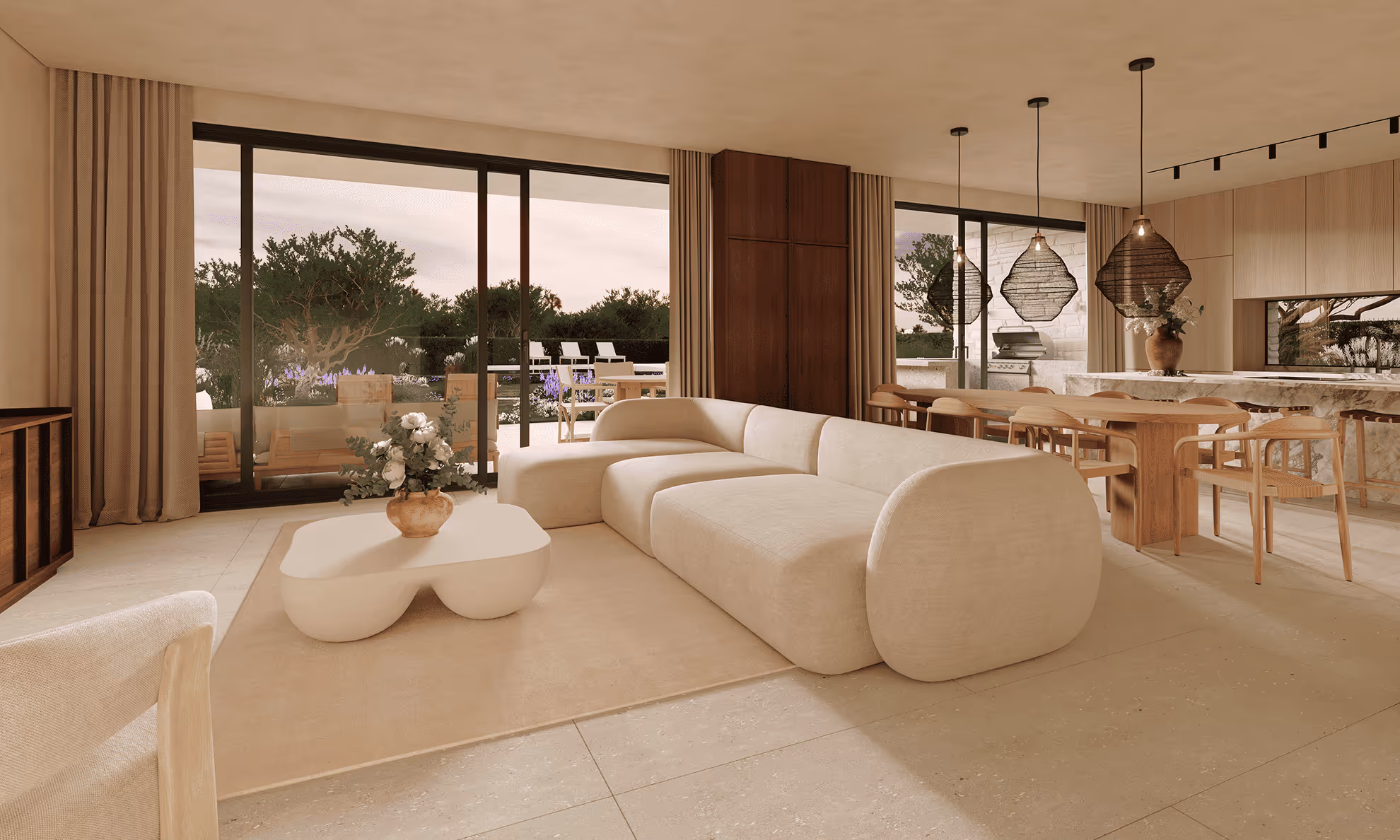 Modern open-plan living room and dining area with beige sectional sofa, sculptural coffee table with flowers, wooden dining set, and large sliding glass doors overlooking an outdoor garden.