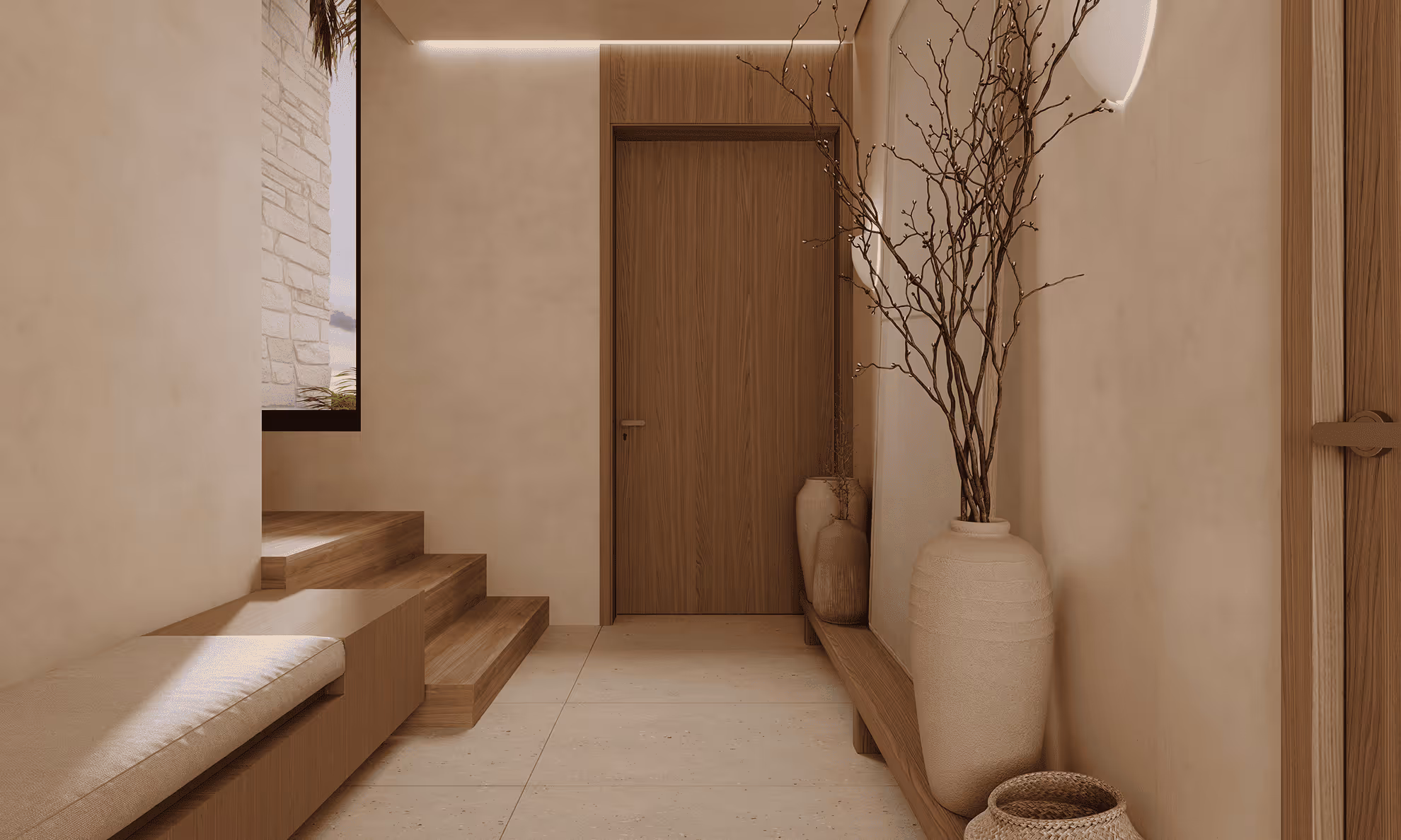 Minimalist interior hallway with wooden door, cushioned bench, wooden steps, tall vases with branches, and soft ambient lighting.