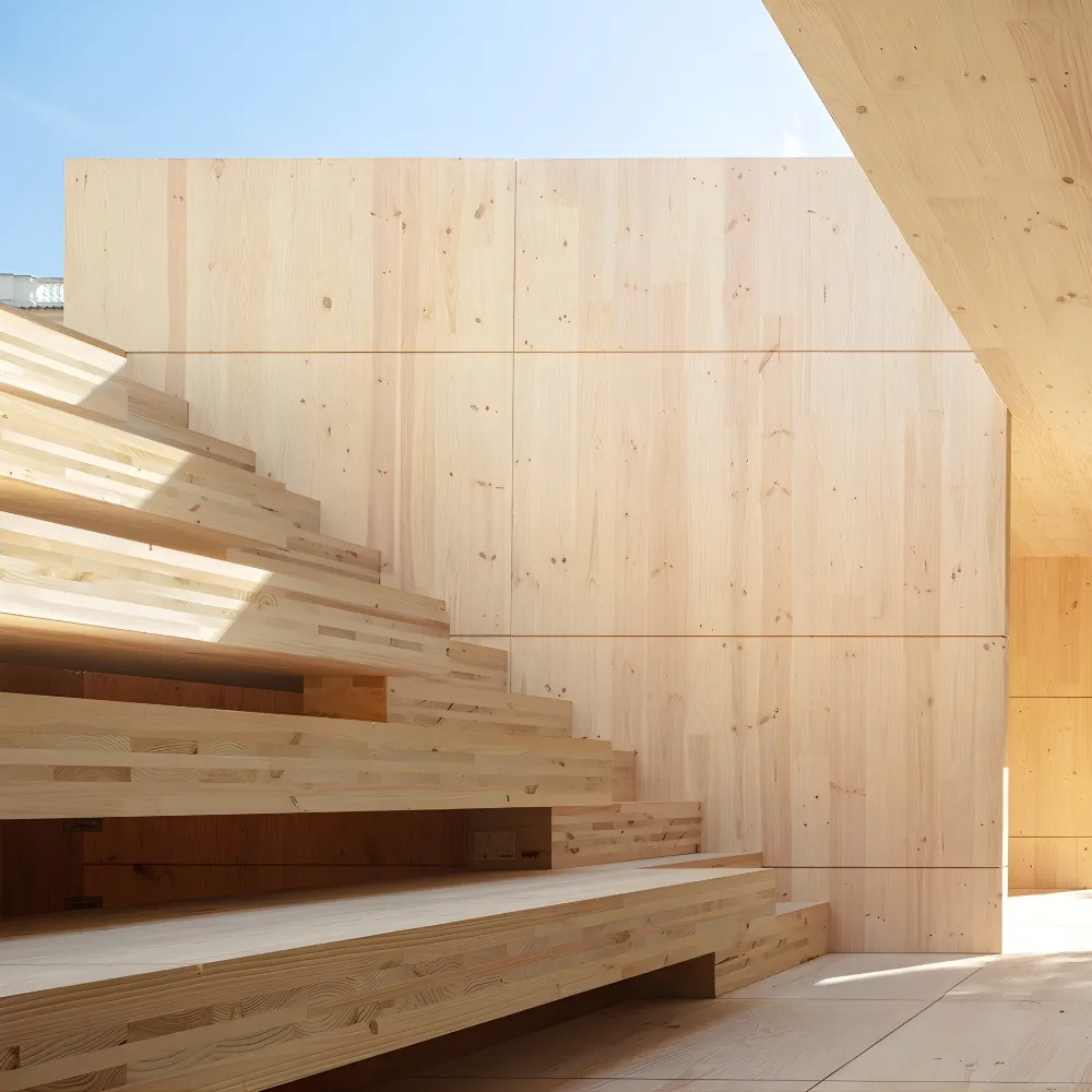 Interior space with light natural wood paneling and modern wooden staircase illuminated by sunlight.