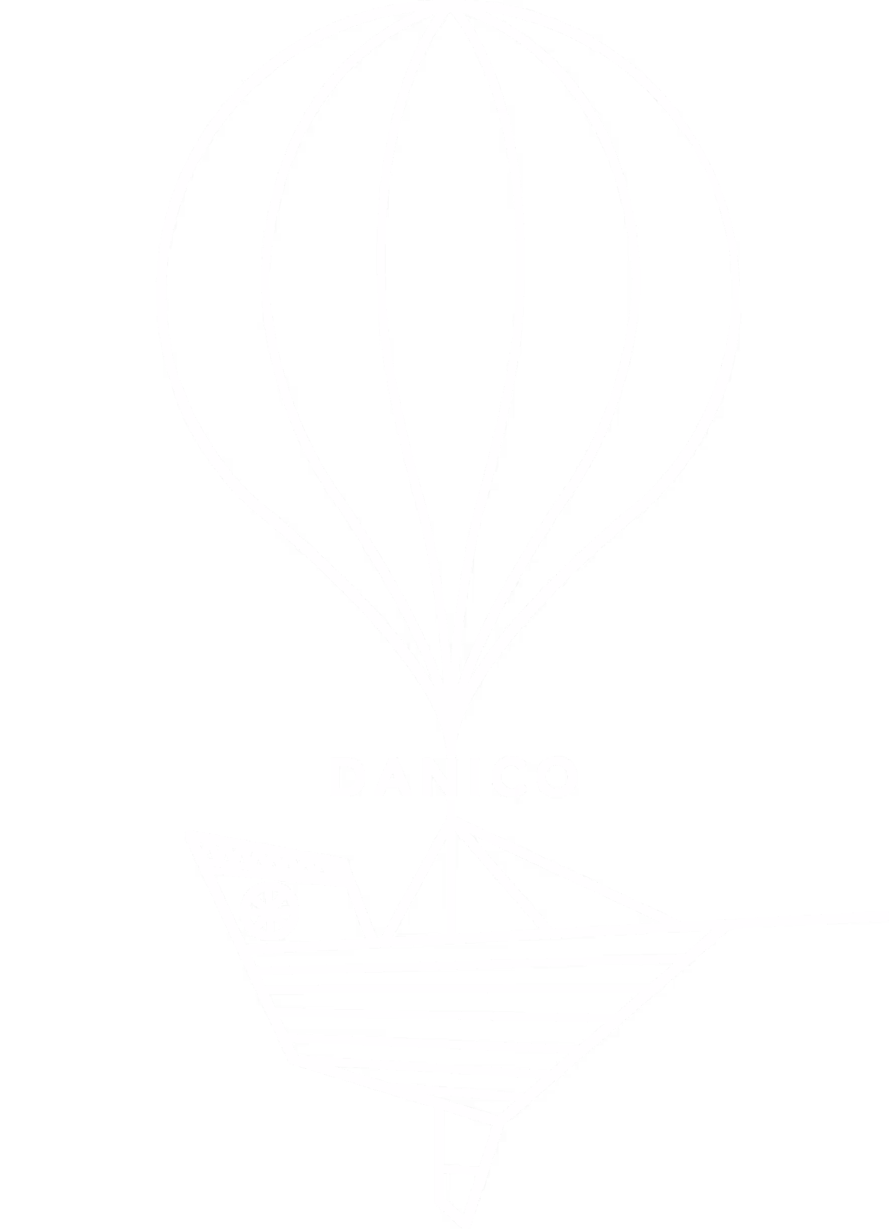 White line art of a sailboat attached to a large balloon with the word DANICO written on it, on a black background.