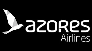 Azores Airlines logo with stylized white bird and text on black background.