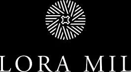 Circular emblem with radiating white lines above the text 'LORA MIL' on a black background.