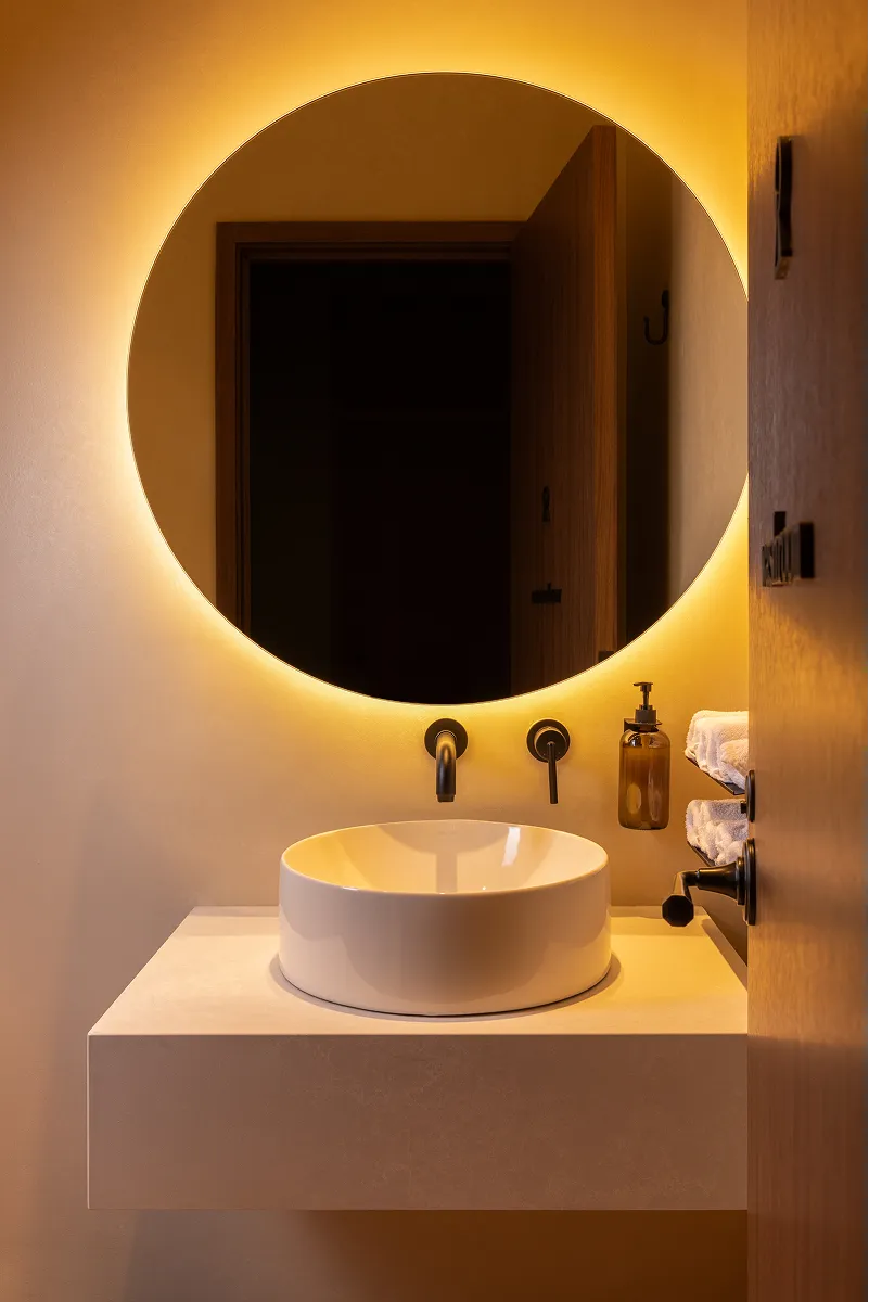 Modern bathroom sink with round illuminated mirror, wall-mounted faucet, soap dispenser, and towels on shelf.