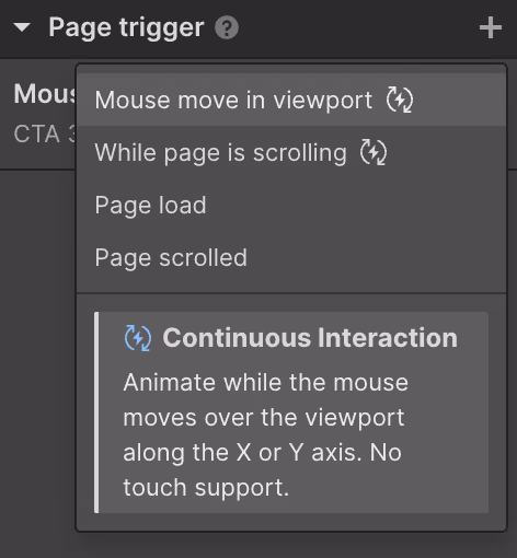 Dropdown menu under Page trigger with options: Mouse move in viewport, While page is scrolling, Page load, and Page scrolled; description highlights Continuous Interaction animates while mouse moves over viewport along X or Y axis without touch support.