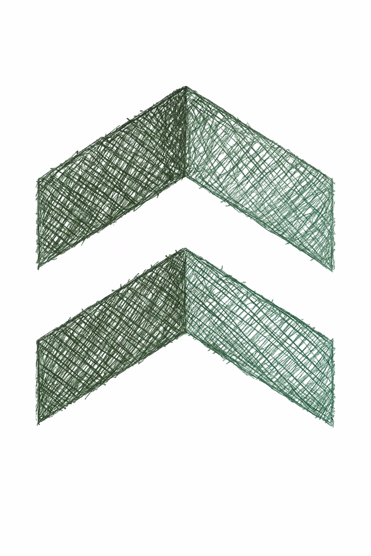 Two green hand-drawn, textured chevron arrows pointing upward on a white background.