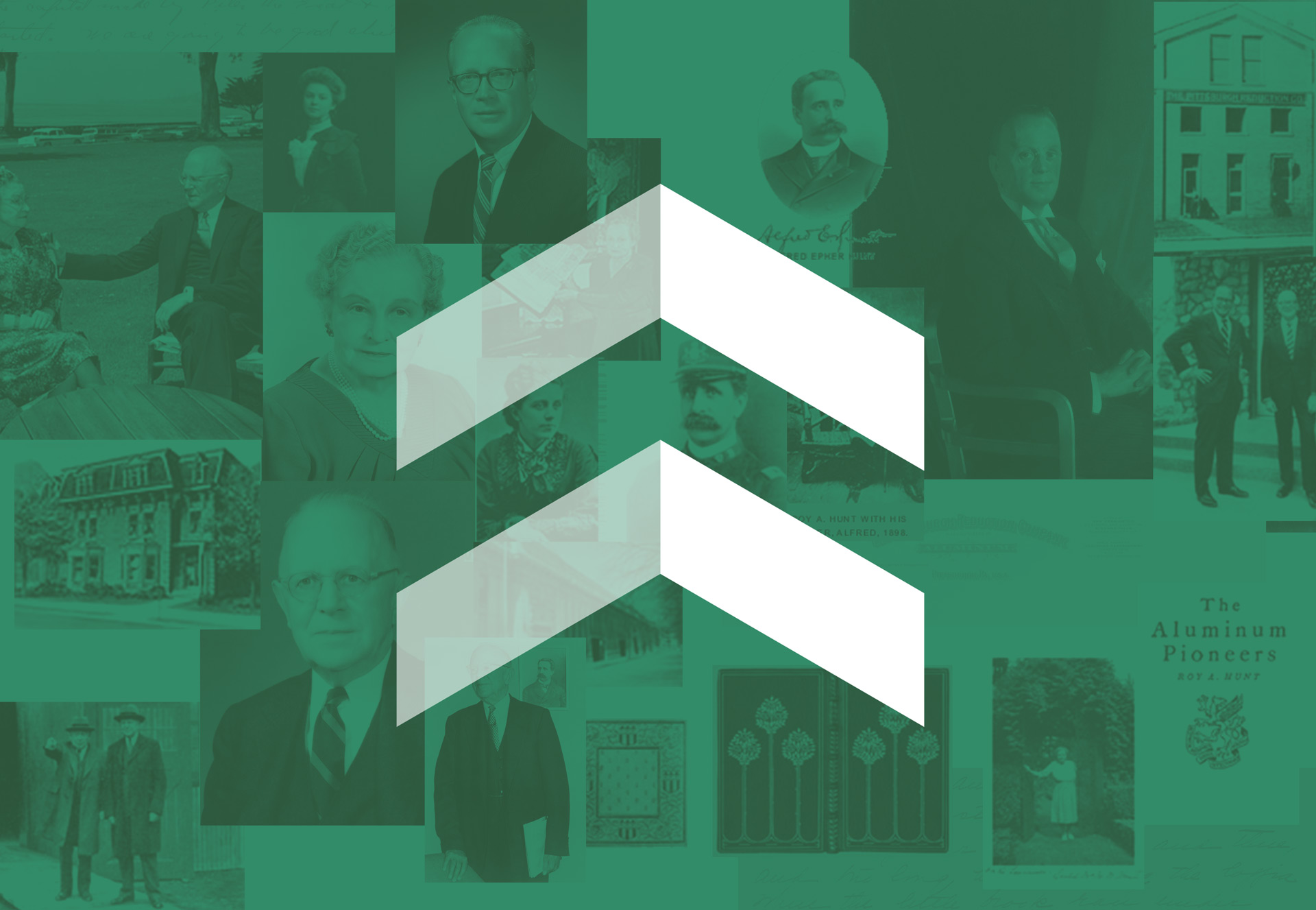 Collage of historical black-and-white portraits and images with a transparent white double-chevron overlay.