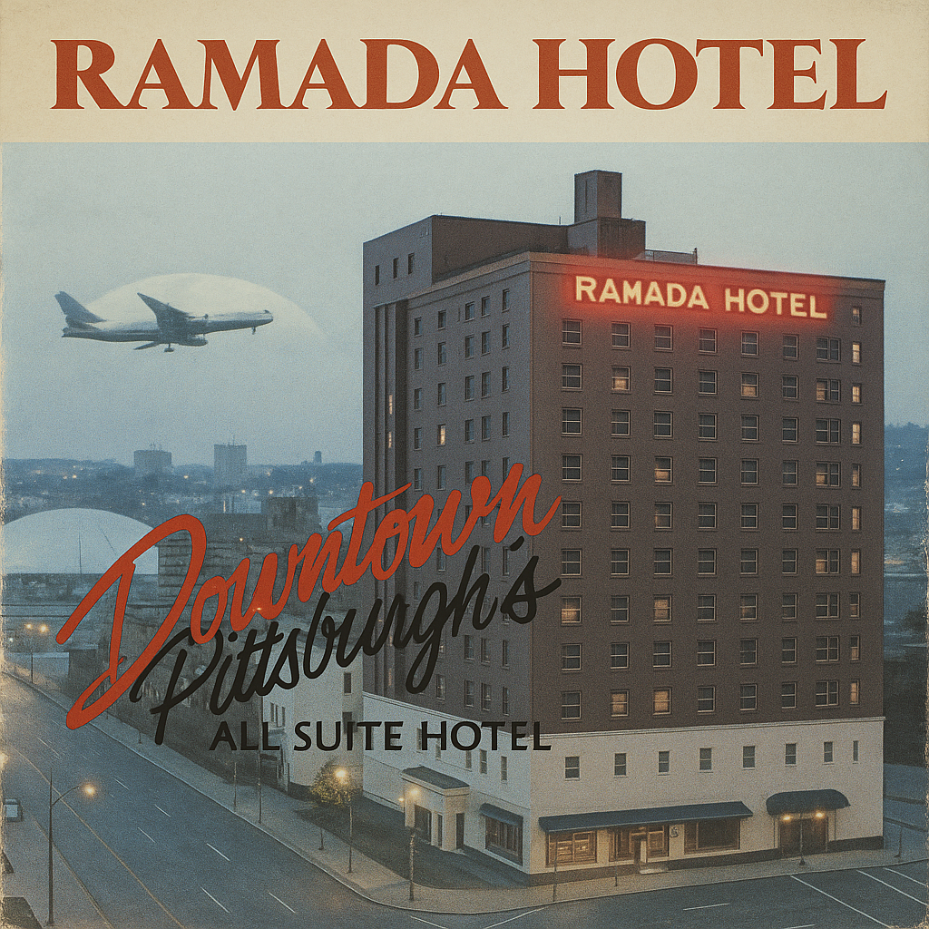Night view of Ramada Hotel building in downtown Pittsburgh with airplane flying nearby and illuminated hotel sign.