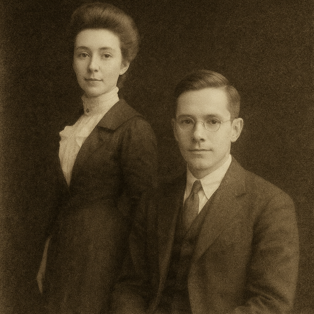 Sepia-toned vintage portrait of a woman standing beside a seated man wearing glasses and a suit.