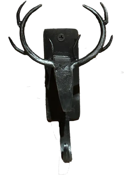 Metal wall hook designed like a deer head with antlers on a rectangular base.