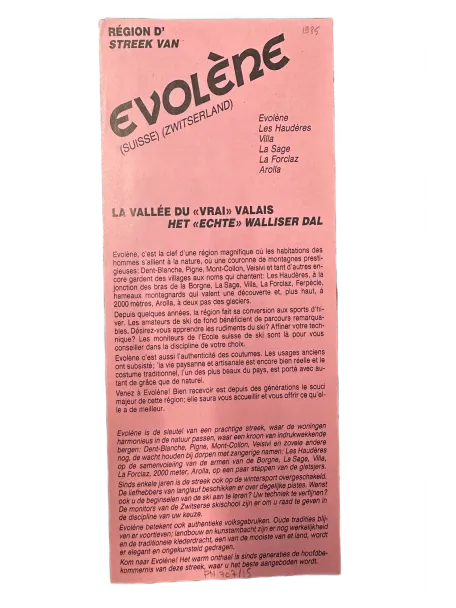 Pink leaflet titled 'Evolène' featuring region names in Switzerland and a descriptive text about the valley, its scenic beauty, ski opportunities, and cultural heritage in French and Dutch.