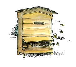 Illustration of a wooden beehive with bees flying around it.