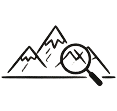Line drawing of three mountains with snow caps, one mountain magnified by a magnifying glass.