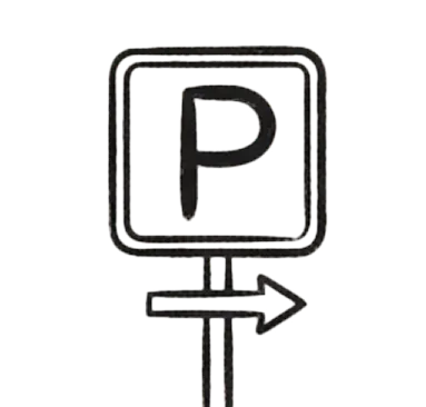 Black and white parking sign with an arrow pointing to the right.