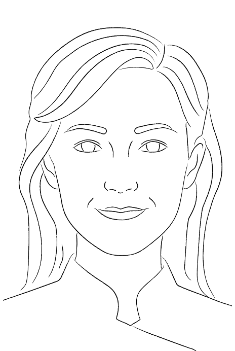 Black and white line drawing of a woman with shoulder-length hair and a slight smile.
