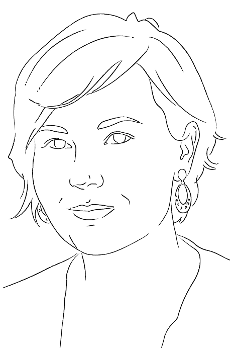 Black line drawing of a woman with short hair wearing large dangling earrings and a V-neck top.