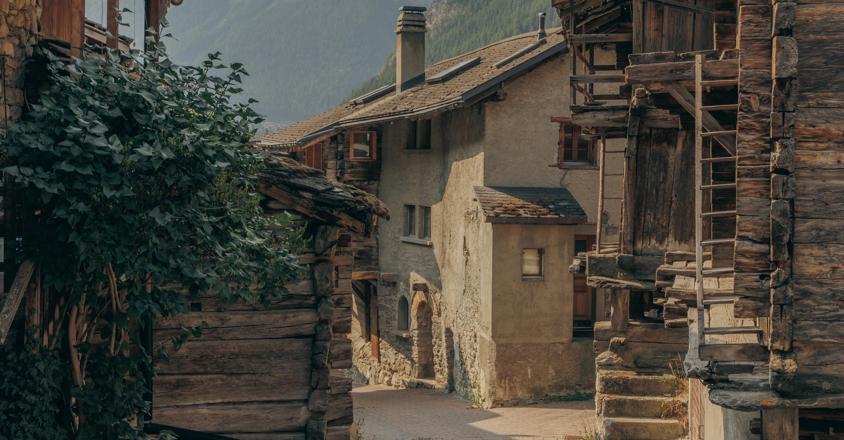 Narrow cobblestone street bordered by rustic stone and wooden houses with greenery and mountains in the background.