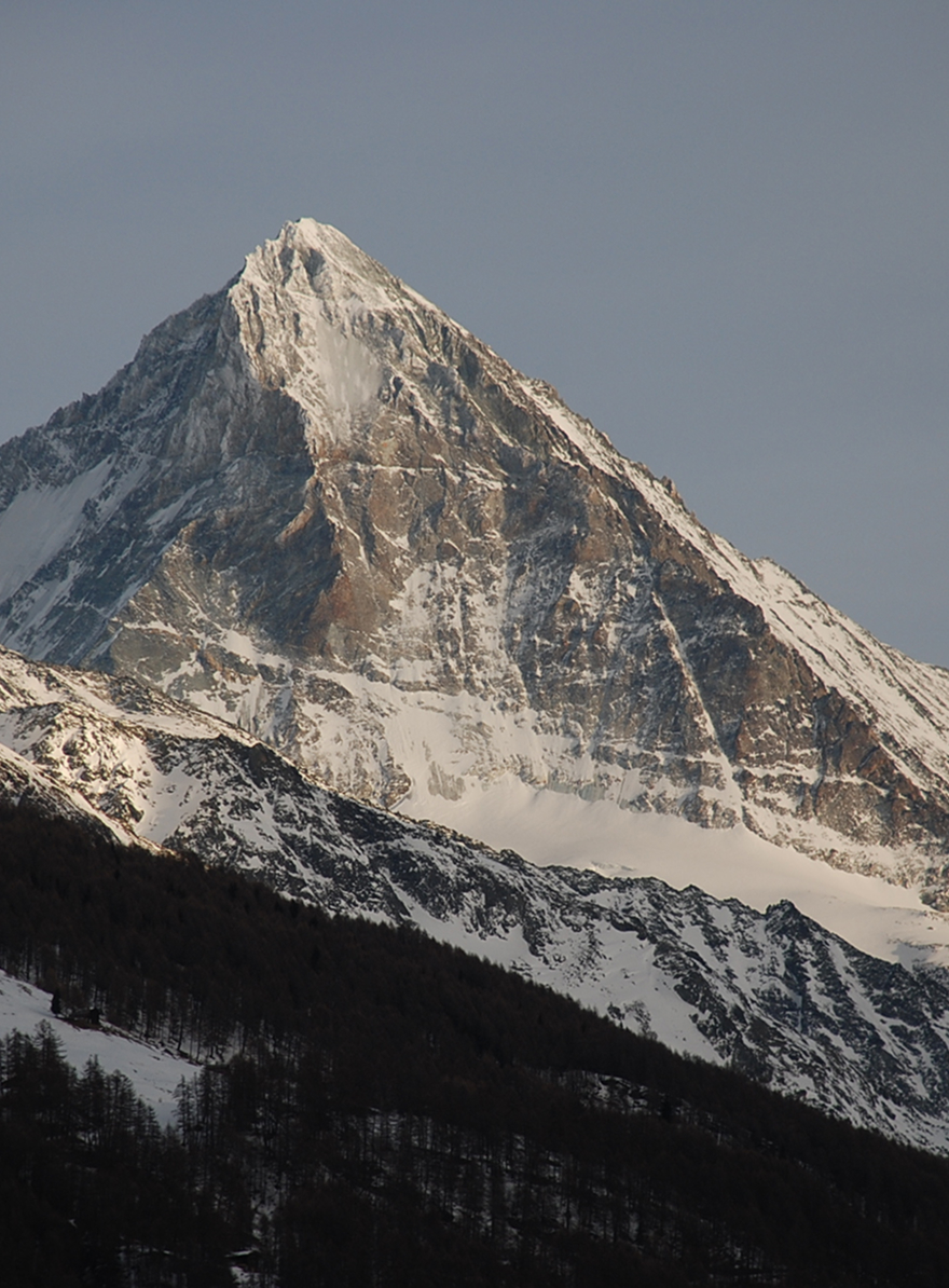 Snow-covered mountain peak under clear sky with forested lower slopes.